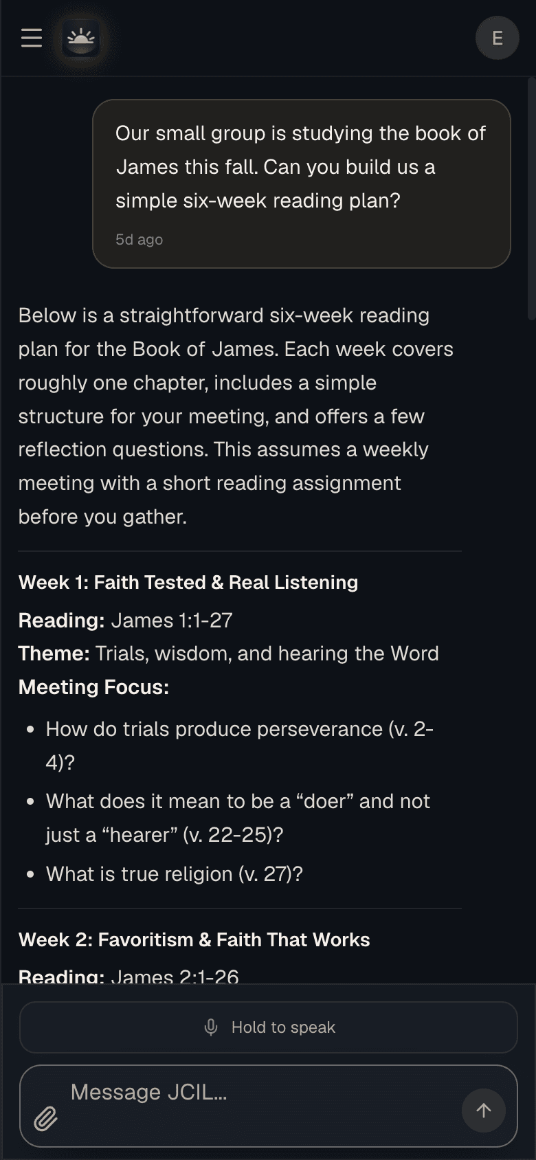 JCIL.AI answering a real question: a six-week reading plan for a small group studying the book of James